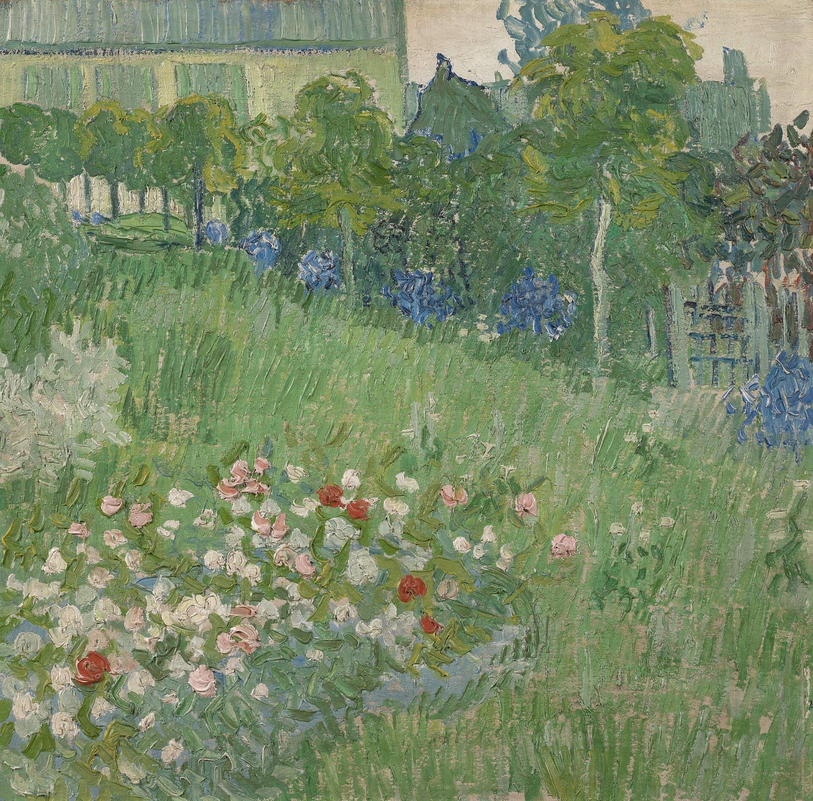 Vincent van Gogh's Daubigny's Garden: a dense green garden painted in short, quick strokes, with a bed of pink, white and red flowers in the foreground, blue blooms and leafy trees across the middle, and a pale green house with shuttered windows along the top edge.