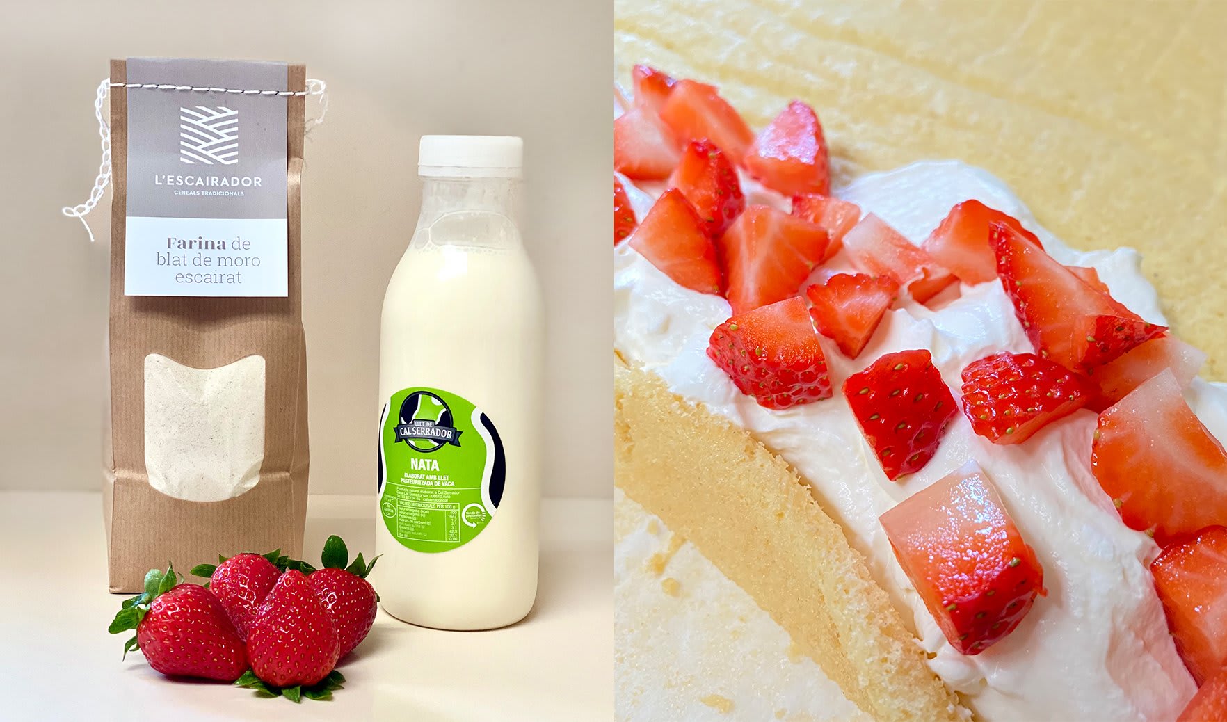Producto 100 % de proximidad: harina de maíz escairado y fresas del huerto. Y la nata de Cal Serrador d'Avià.