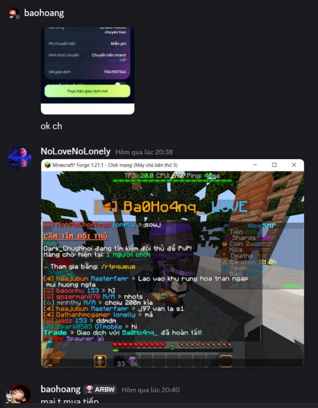 Ingame: Ba0Ho4nq thực hiện mua bán đồ bằng tiền thật.