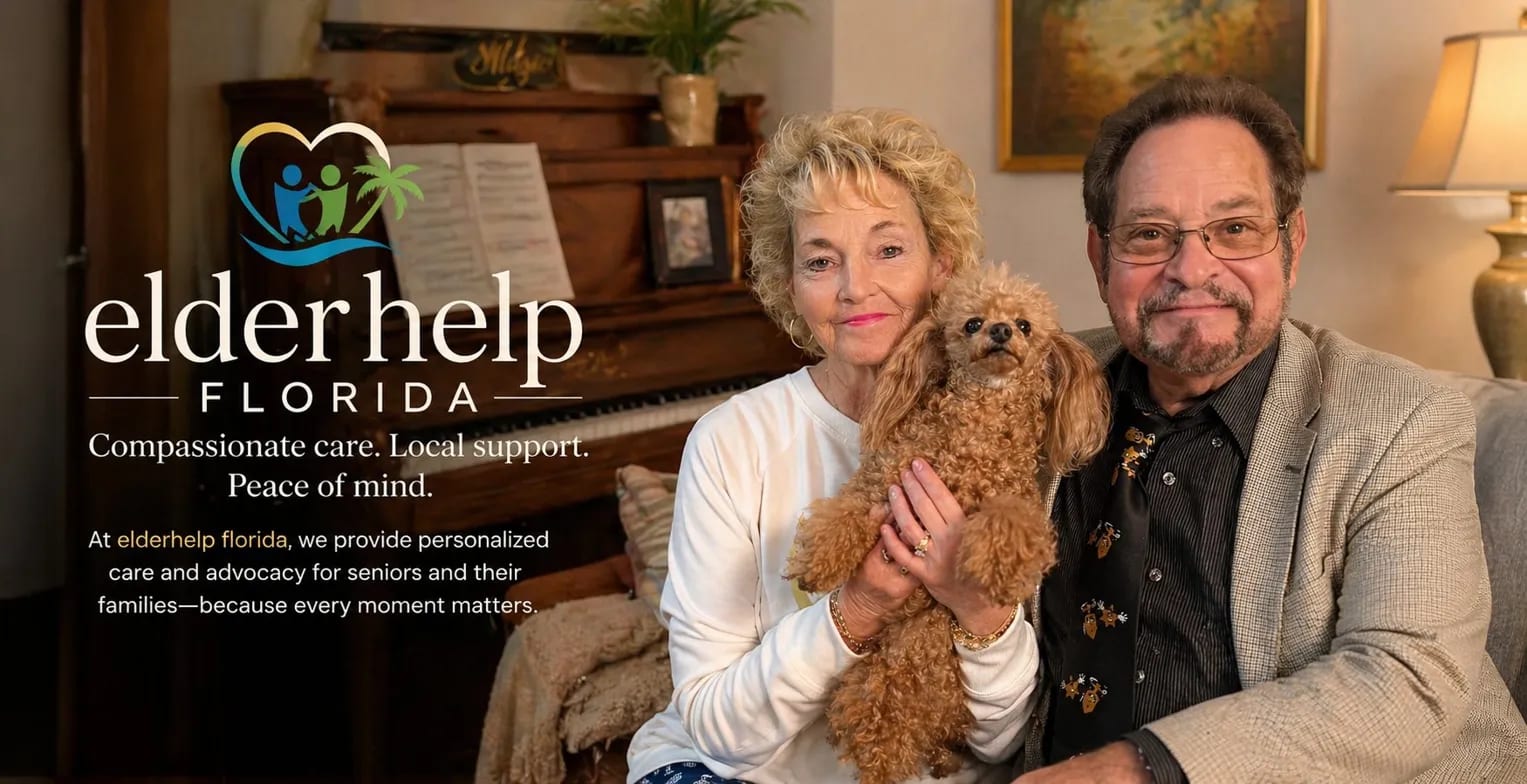 ElderHelp Florida — compassionate care, local support, peace of mind. A senior couple holding their small dog at home.