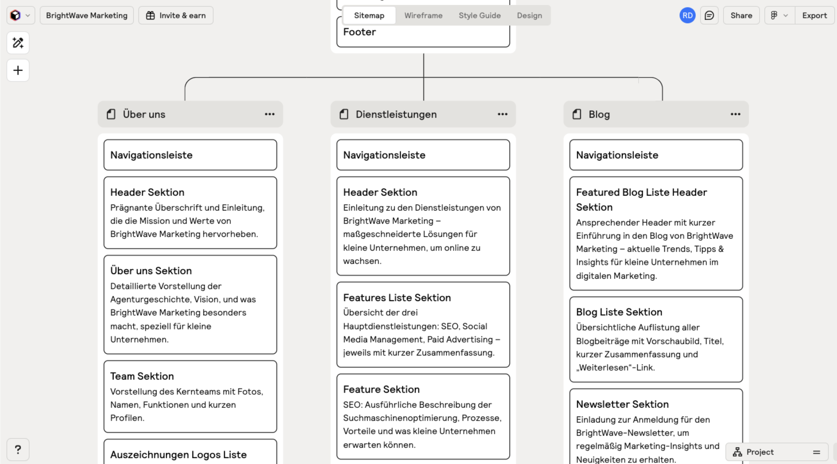 Beispielabbildung: Relume erstellt automatisch eine Website-Struktur inklusive erster Wireframes.