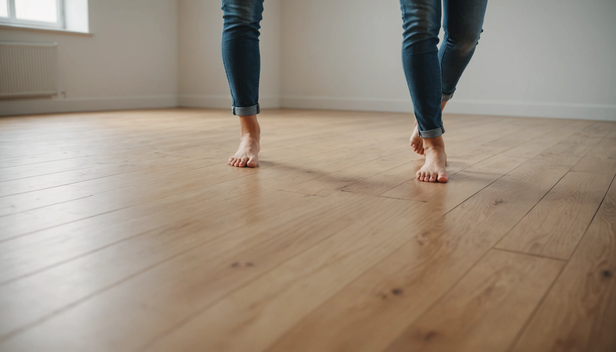 A woman walking barefoot through a bright, minimal room, moving forward in soft daylight.