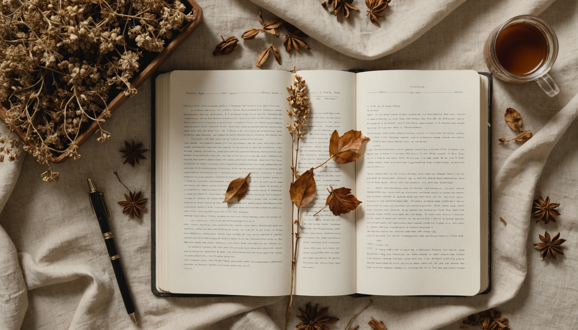 An overhead view of an open journal, a pen, and a warm cup resting on a calm surface.