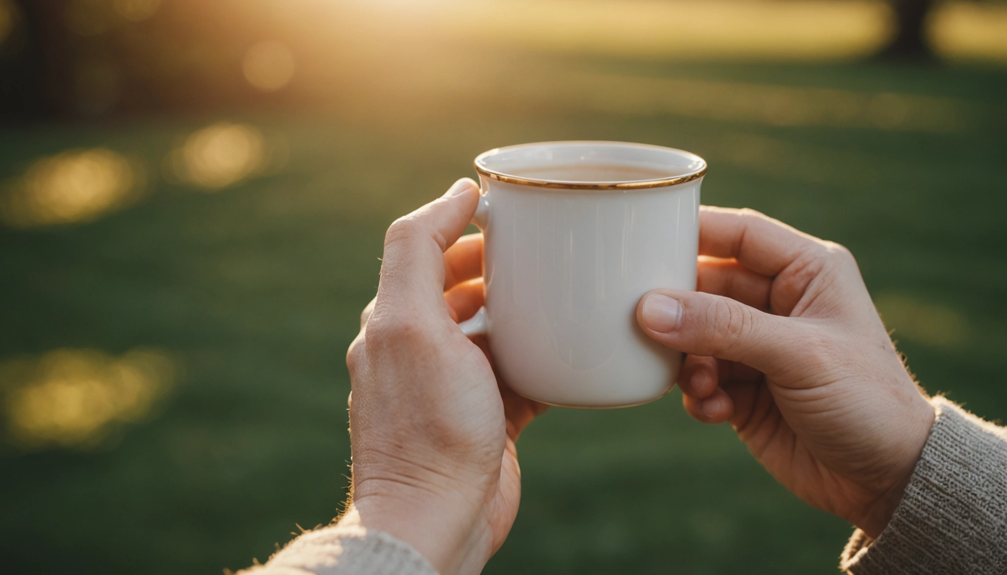 Diamond holding a ceramic mug with both hands in soft golden afternoon light.
