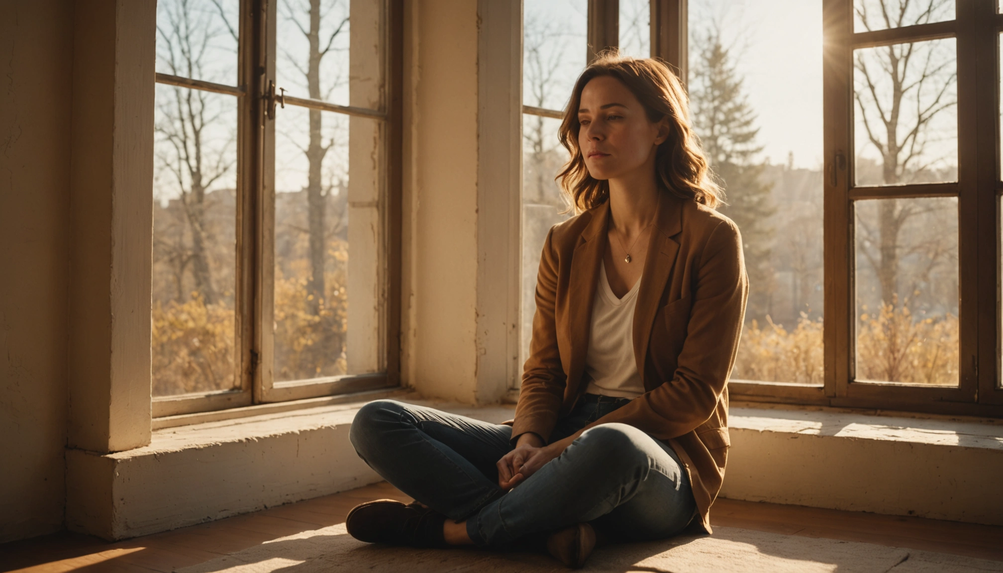 A woman sitting in soft morning light near a sunlit window, resting in quiet stillness.
