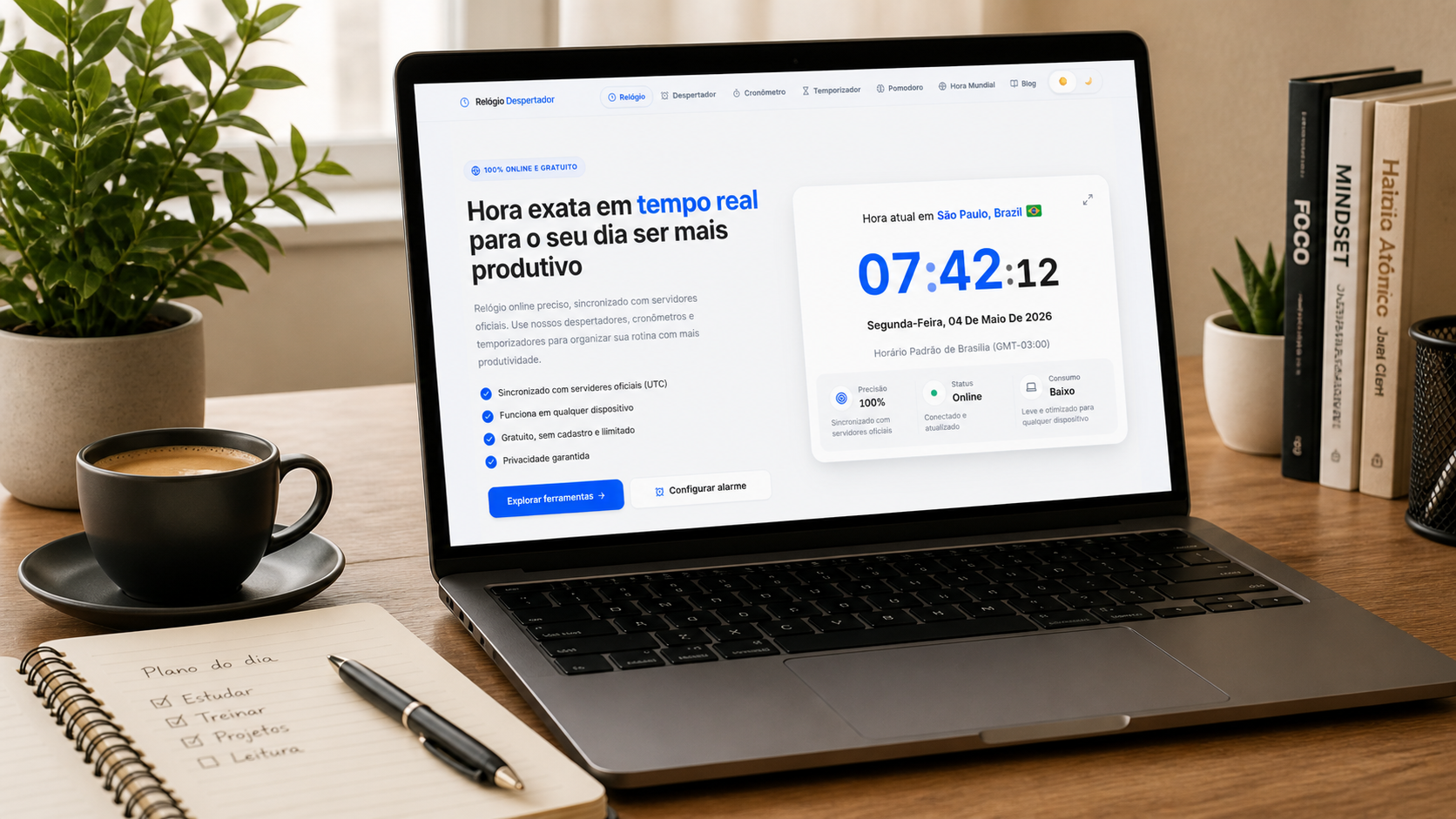 Mesa de trabalho com laptop aberto mostrando o site Relógio Despertador, café, caderno e livros sobre produtividade