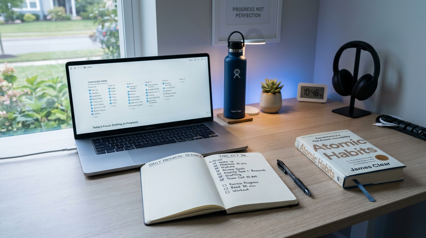 Mesa de trabalho organizada com planejamento diário, laptop e ambiente focado em hábitos produtivos.