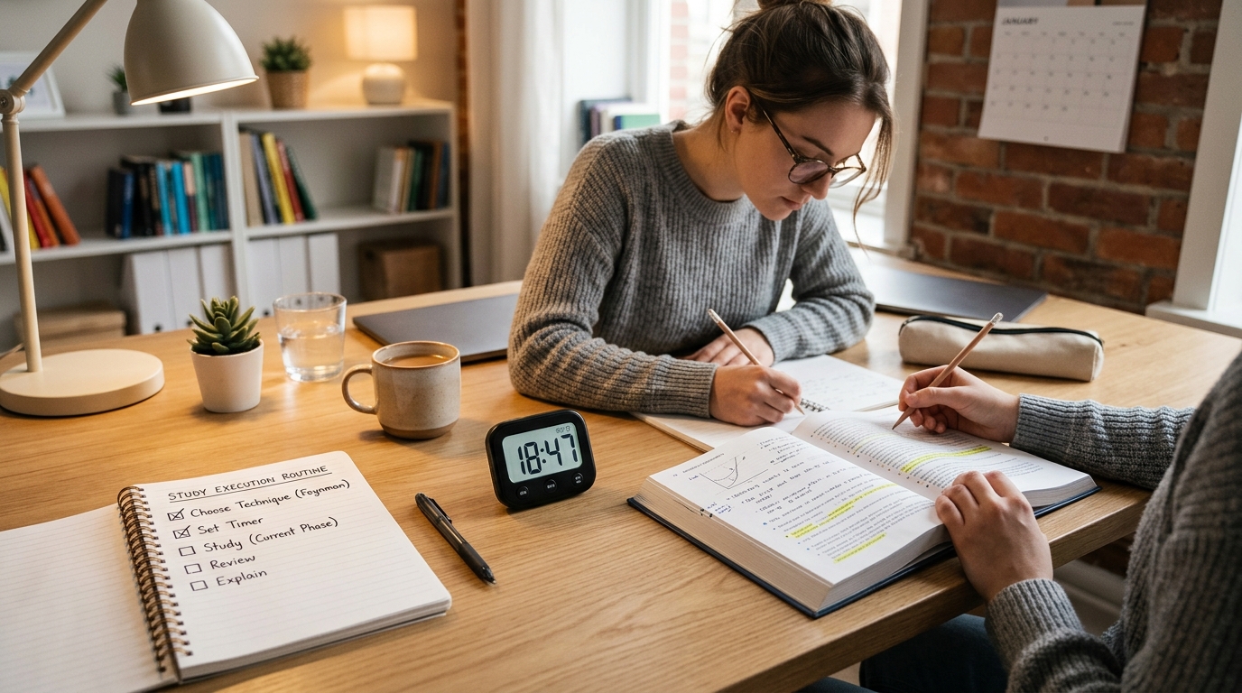 Duas pessoas estudando à mesa: checklist de rotina de execução, timer digital e livro didático.