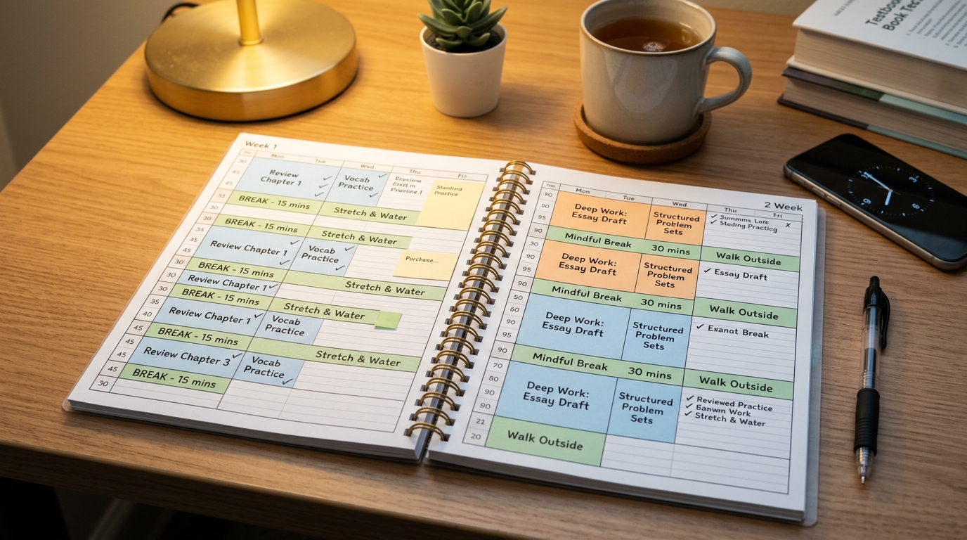 Planner semanal aberto na mesa: blocos de estudo, pausas e rotina organizada por dias.
