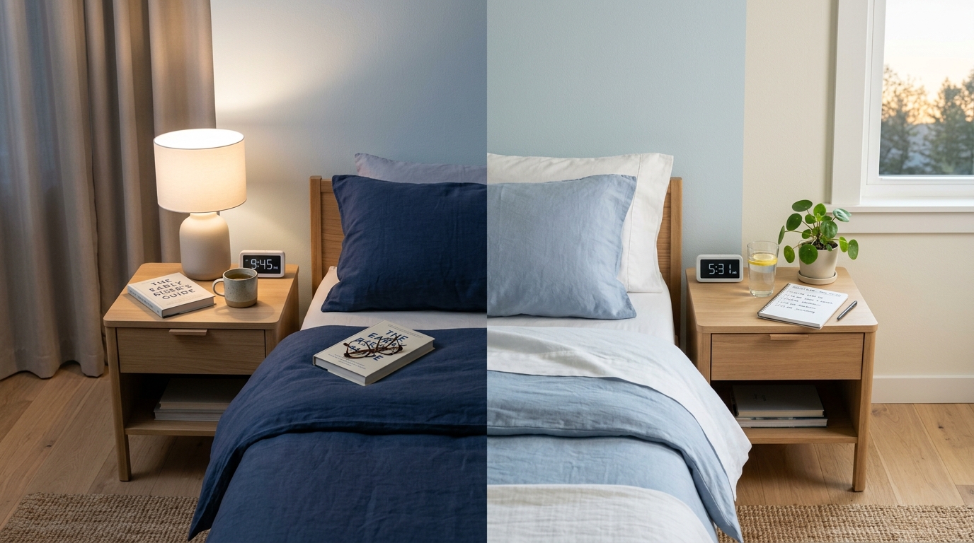 Quarto à noite com rotina de deitar e a mesma cena ao amanhecer: contraste entre descanso e acordar cedo.