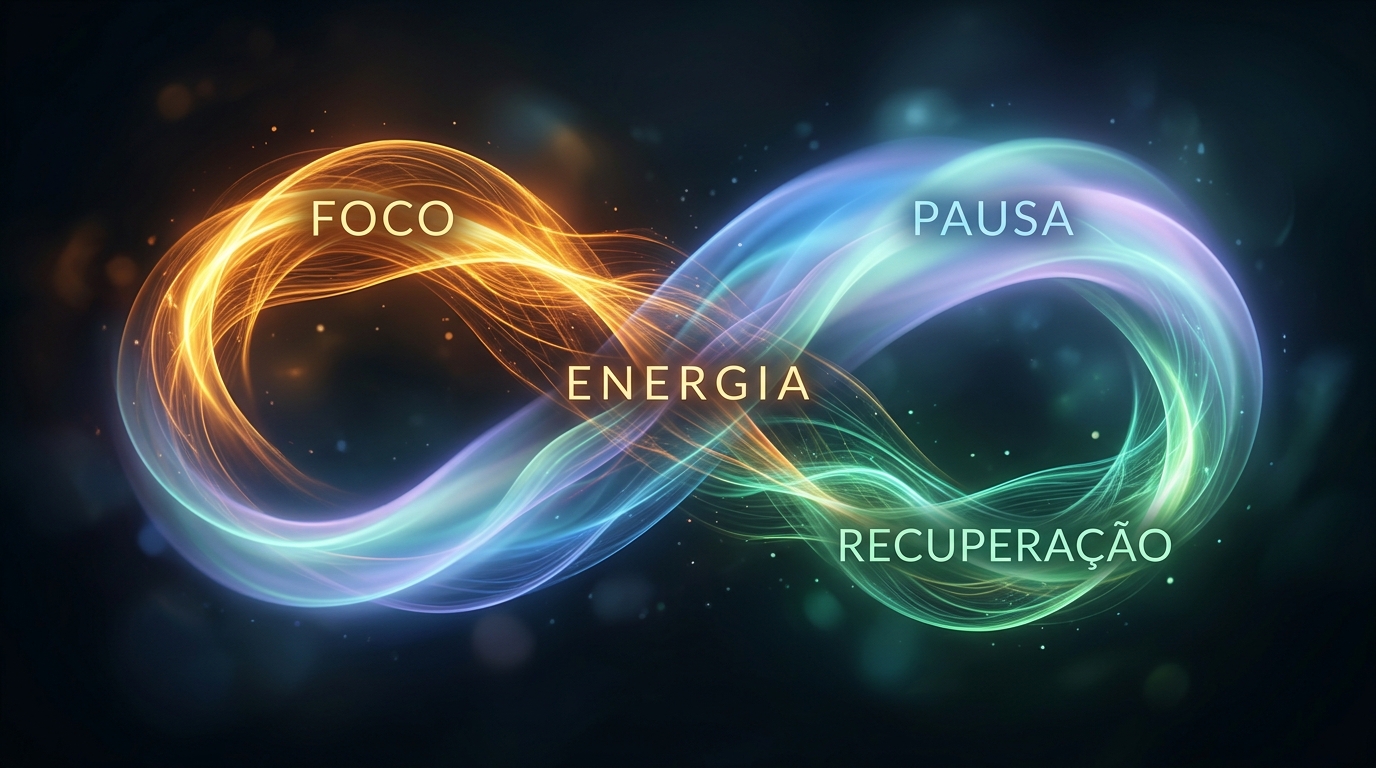 Ilustração abstrata de um símbolo do infinito luminoso representando o ciclo entre foco, energia, pausa e recuperação.