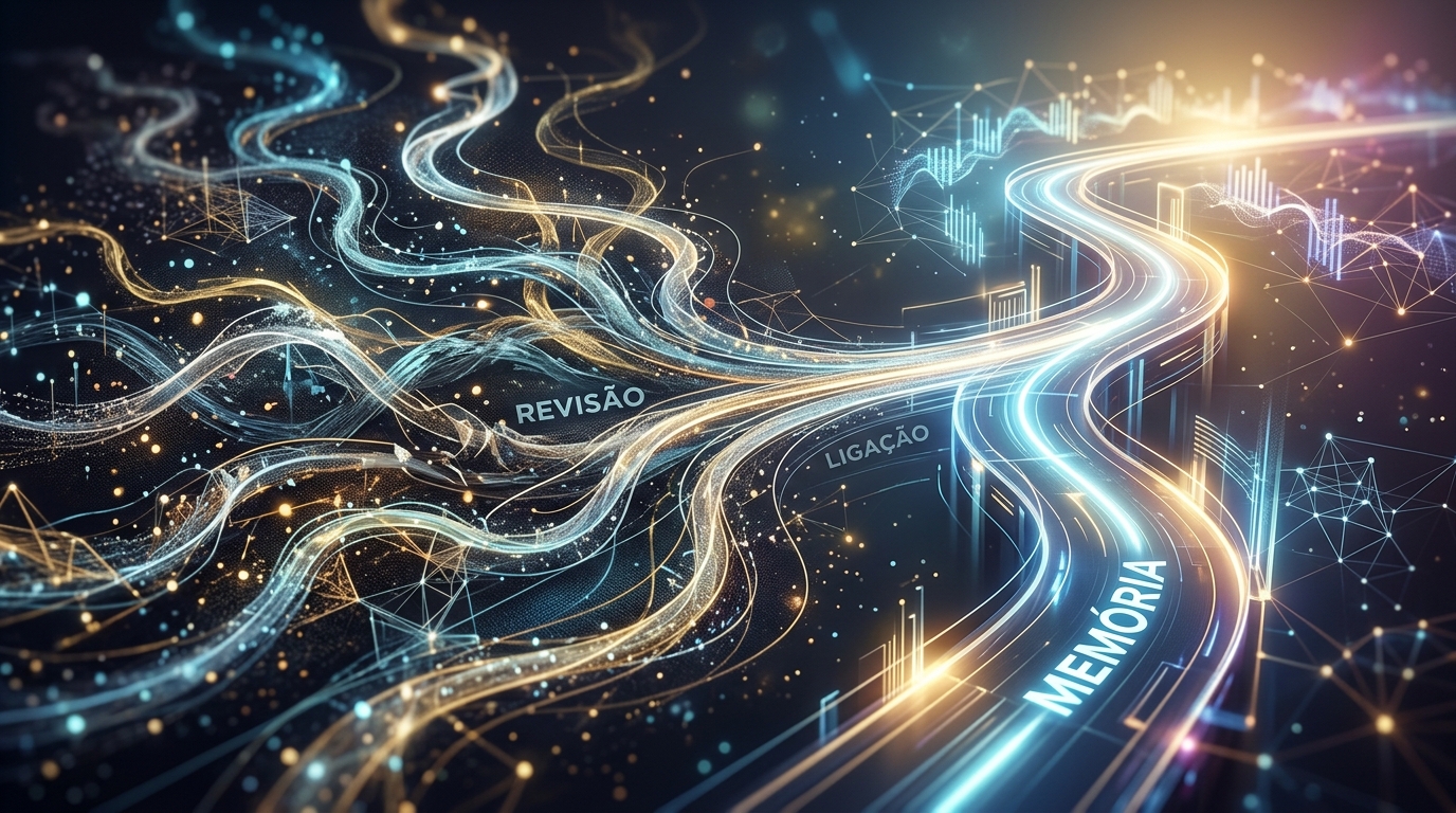 Ilustração digital futurista com caminhos luminosos como sinapses e fluxo de dados, com as palavras revisão, ligação e memória ao longo da consolidação.