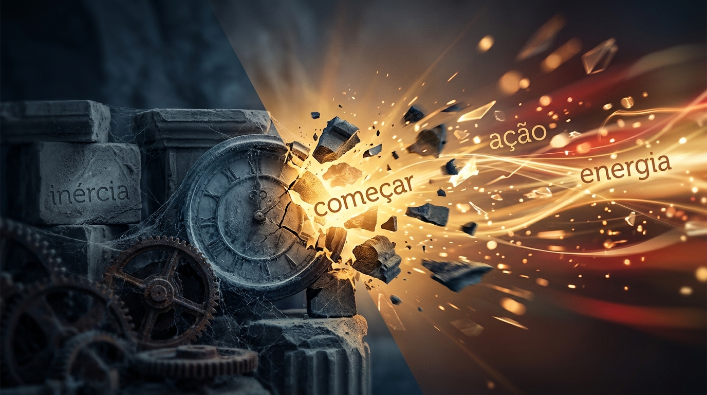 Ilustração conceitual: relógio antigo e pedras cobertas de teias, estilhaçados por uma explosão de luz dourada; palavras inércia, começar, ação e energia.