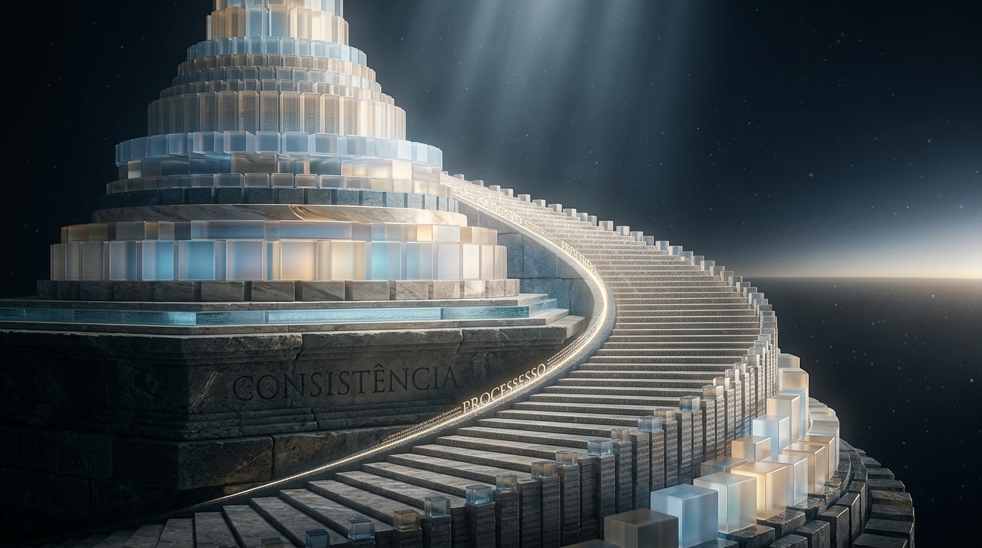 Torre luminosa de blocos sob céu estrelado, com a palavra consistência na base e o caminho em espiral marcado pela palavra processo.