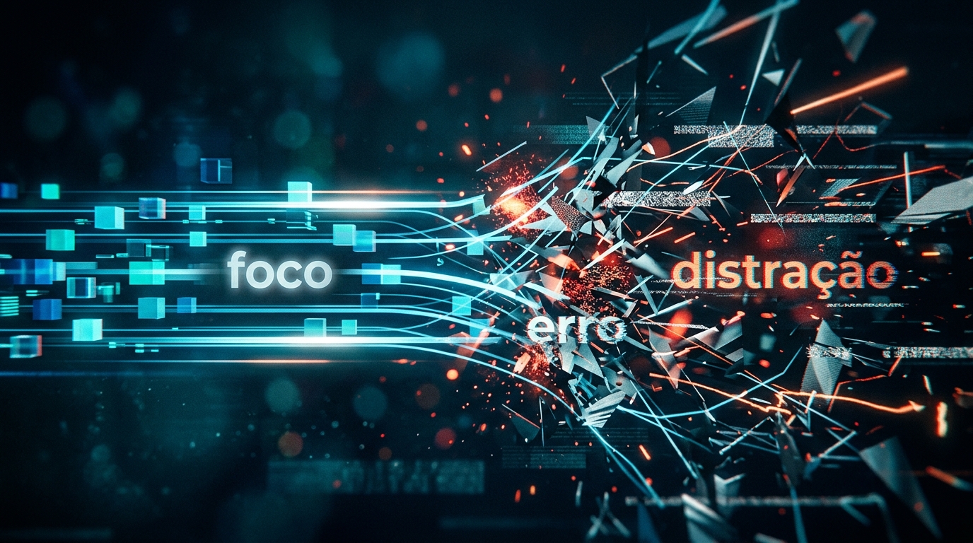 Fluxo ordenado de luz azul com a palavra foco que colide num ponto de erro e explode em fragmentos caóticos com a palavra distração.