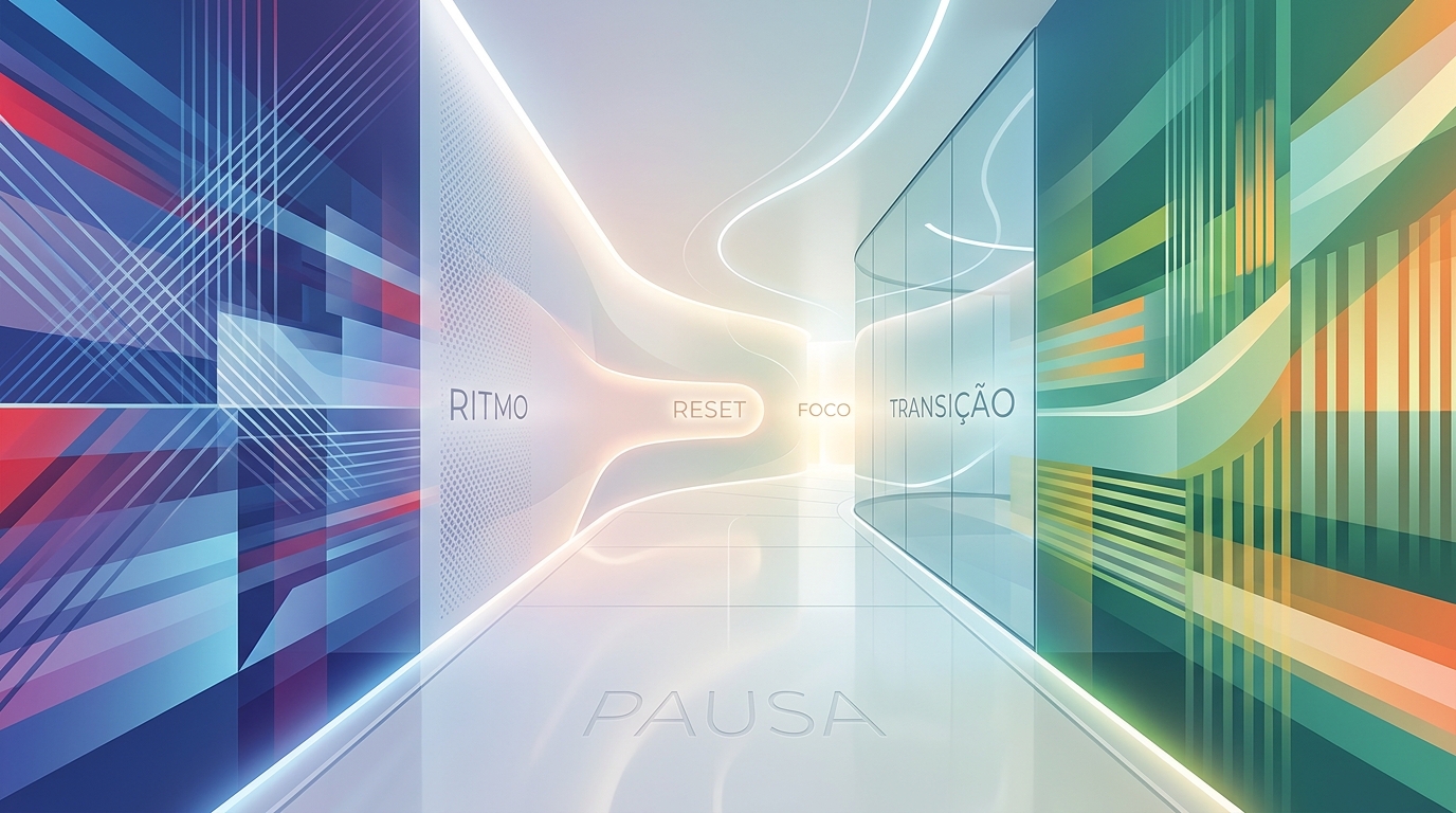 Corredor luminoso em perspectiva: pausa no chão; ritmo, reset e foco ao fundo; transição na parede — metáfora de ritmo entre blocos de trabalho.