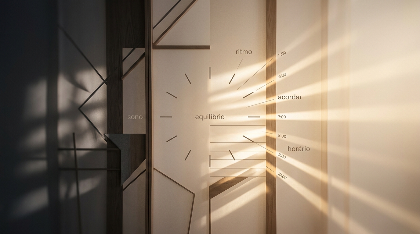 Composição minimalista manhã: relógio estilizado com equilíbrio ao centro; sono à sombra, ritmo e acordar na luz; horários ao longo dos raios solares.