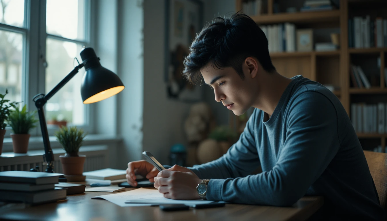 Homem jovem de perfil à mesa à noite, lâmpada quente sobre papelada e livros, absorvido no smartphone — metáfora de scroll automático e custo invisível da troca de contexto mental na pausa.