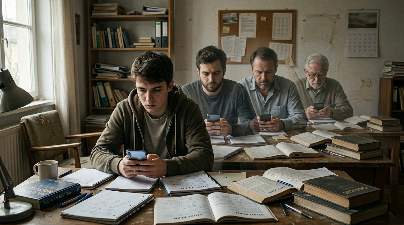 Várias pessoas em idades diferentes sentadas à mesa de estudo com livros e cadernos, todas olhando para o celular — metáfora de distração digital e dificuldade de iniciar foco profundo.