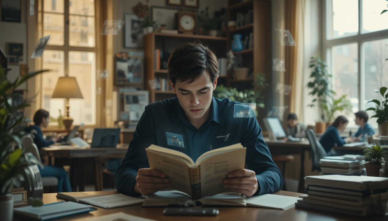 Jovem concentrado num livro numa biblioteca, rodeado por retângulos translúcidos que lembram posts e feeds flutuando no ar — metáfora de distrações digitais e sensação falsa de descanso quando o feed invade a pausa.