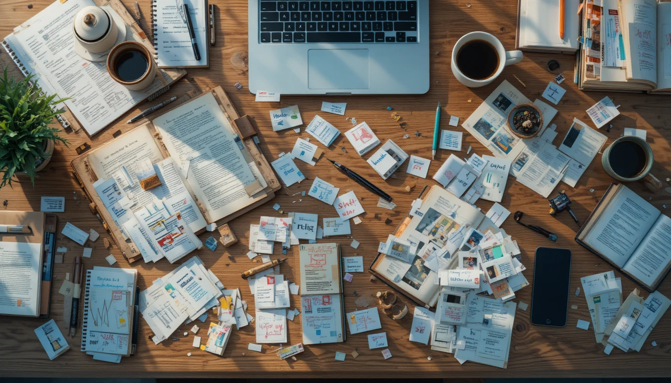 Vista de cima de uma mesa de madeira repleta de papéis miúdos, cadernos abertos, canetas, xícaras de café, laptop e um smartphone — metáfora visual de micro distrações e mente fragmentada.