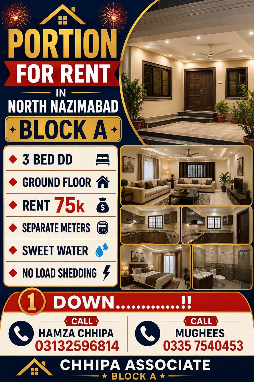3 Bedroom portion for rent in North Nazimabad