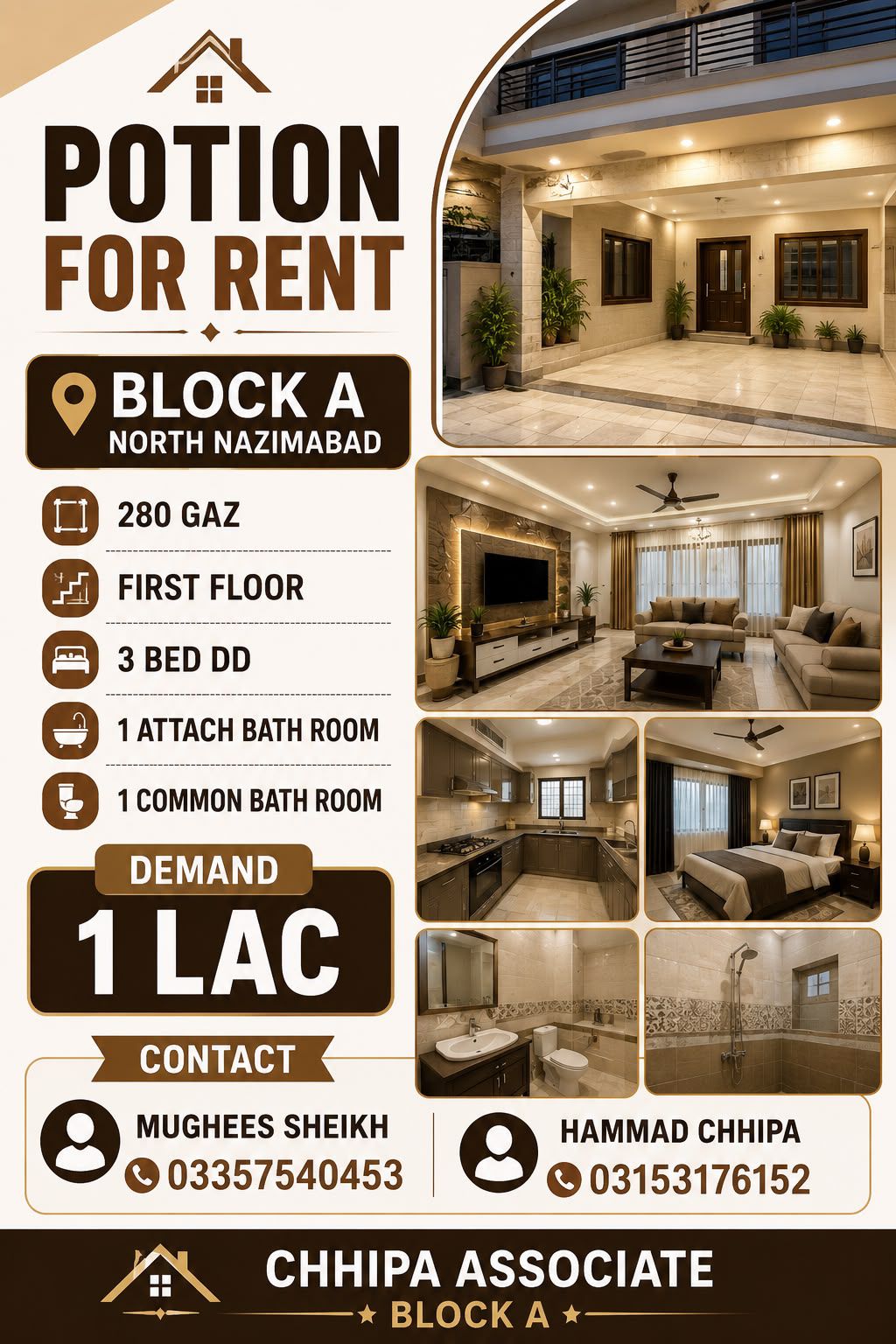 3 Bedroom portion for rent in North Nazimabad  Block A