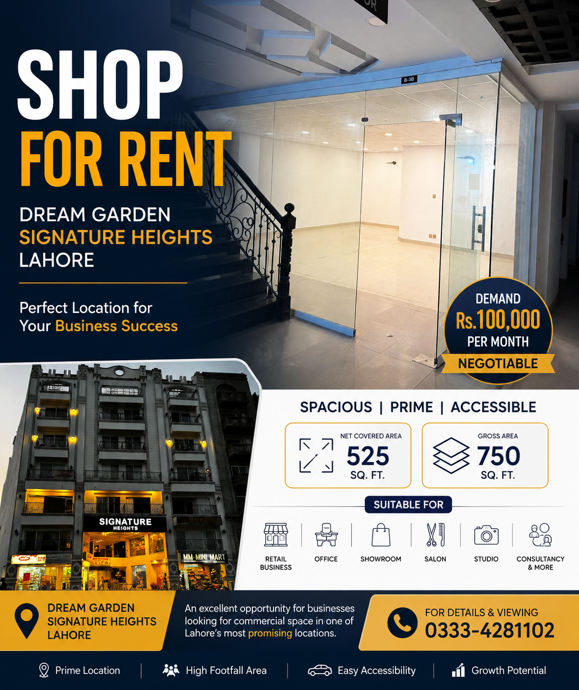 Shop for Rent in Dream Garden Signature Heights Lahore – 525 Sq. Ft. Covered Area