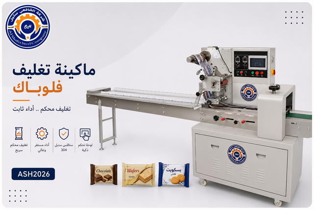 ماكينة تغليف فلوباك بسكويت وكيك — الشافعي ستيل