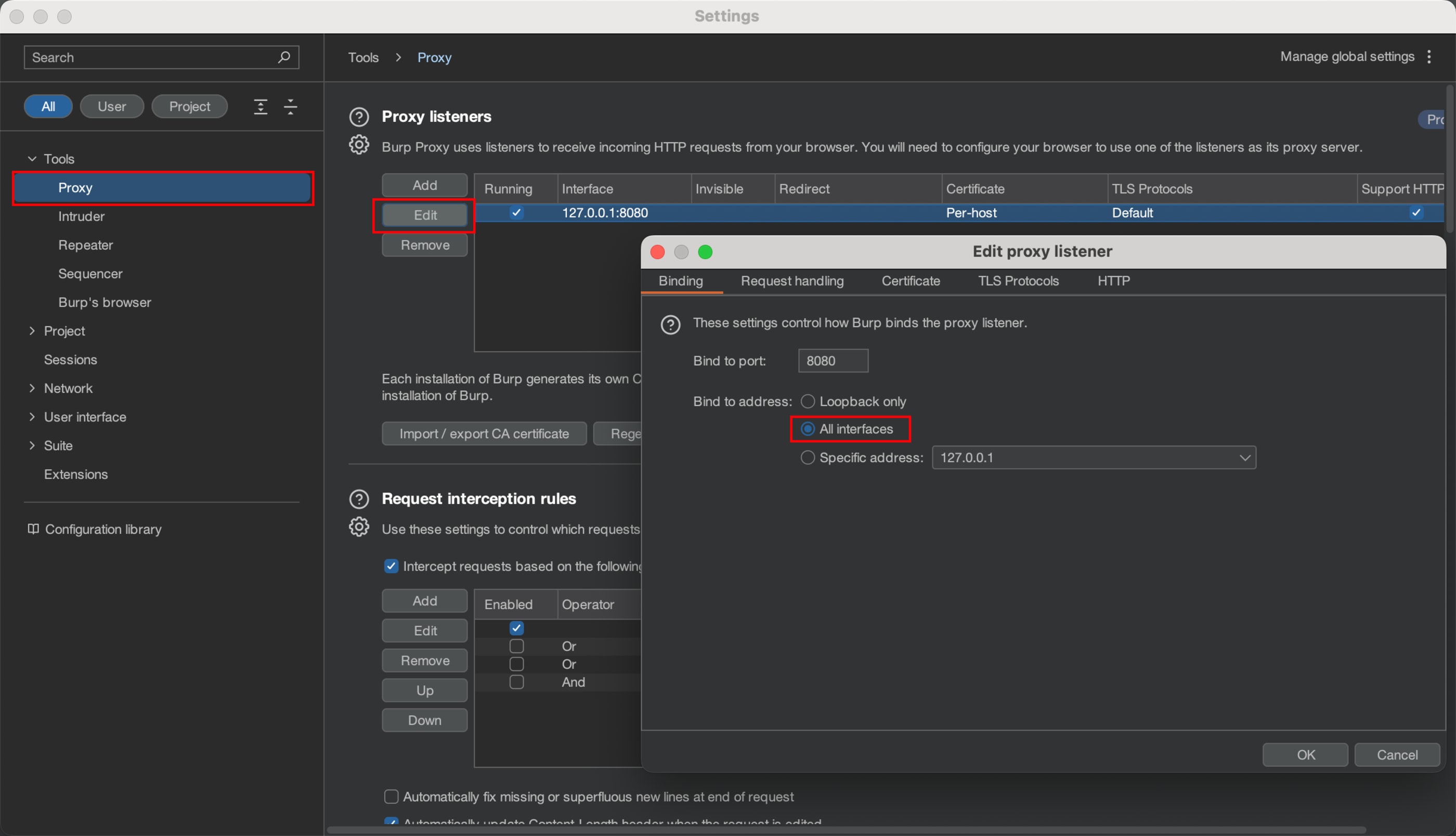 Configurando interface do Burp para rebeber conexões de todas as interfaces.