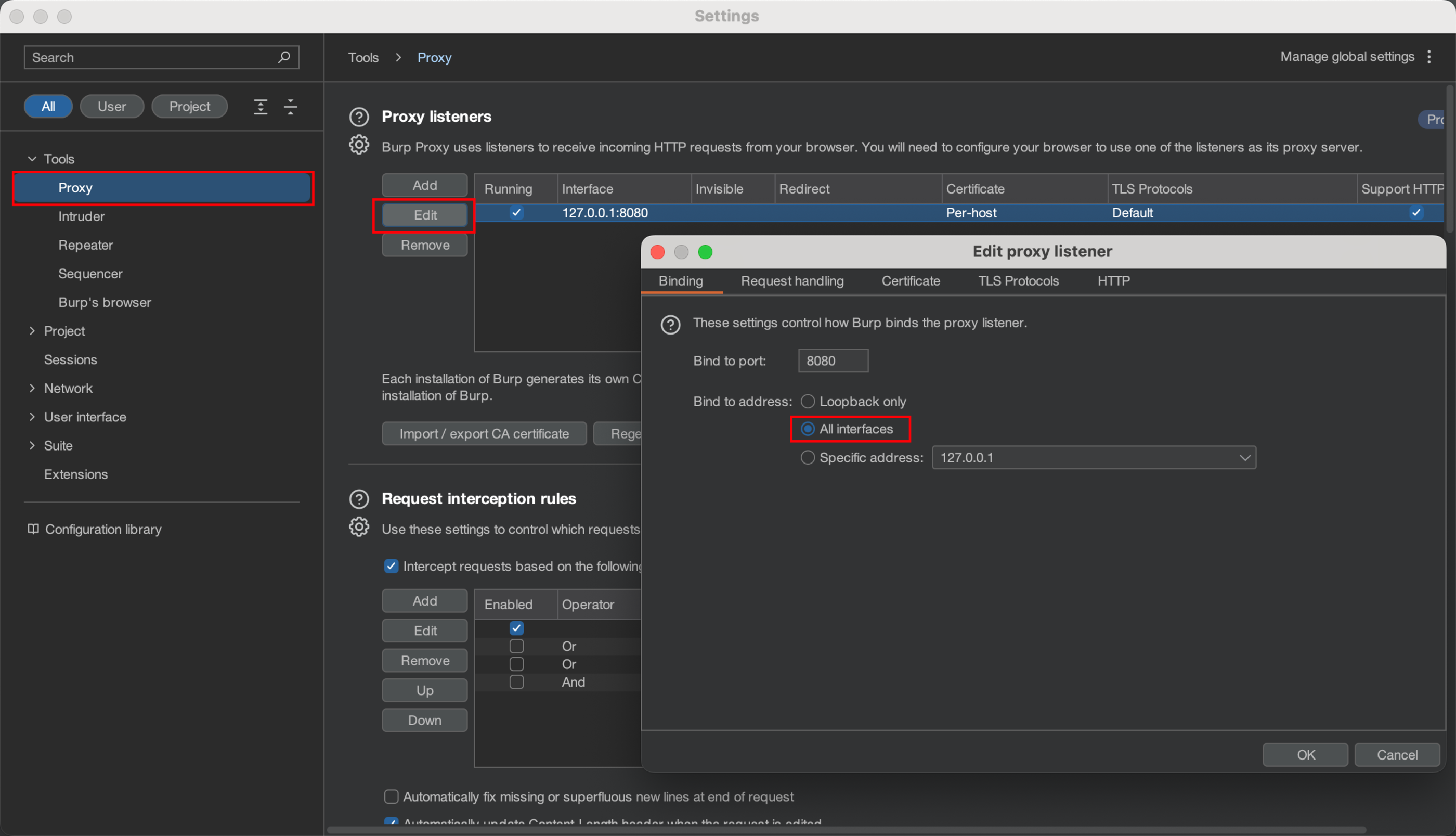 Configurando interface do Burp para rebeber conexões de todas as interfaces.