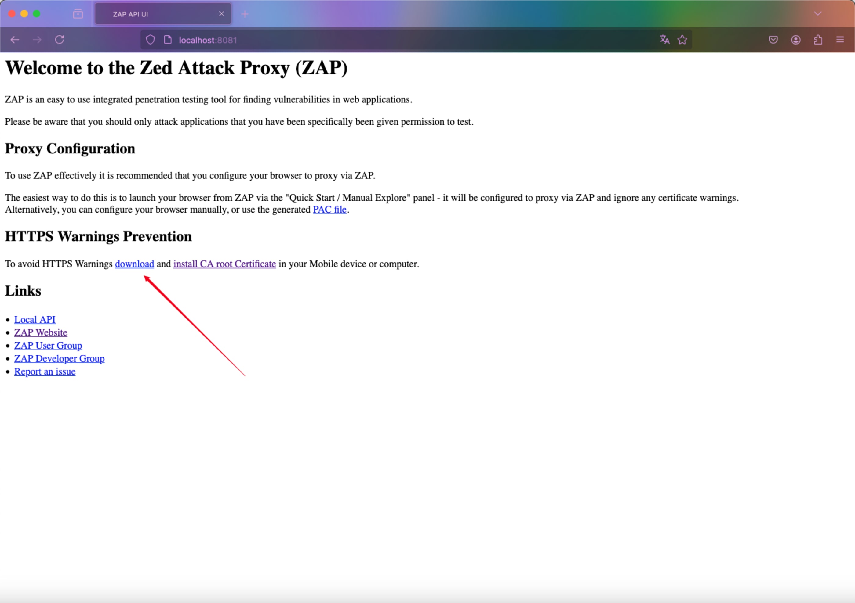 Baixando certificado do ZAProxy.