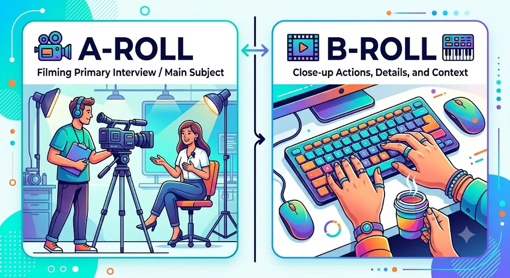 Six different B-roll shot types side by side: establishing wide shot, medium shot, close-up, insert shot, reaction shot, and montage sequence