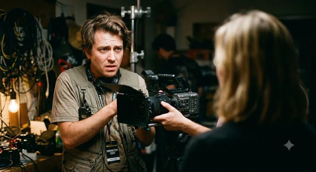 A professional filmmaker reviewing B-roll footage on a field monitor during a location shoot