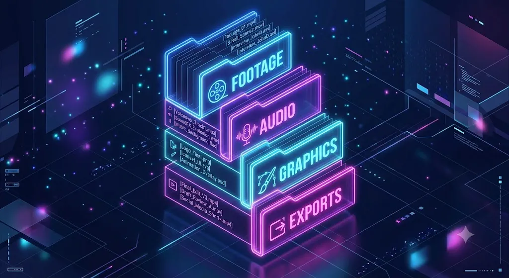 A DaVinci Resolve timeline showing multiple video tracks with B-roll on V2, color-coded bins, and organized audio tracks
