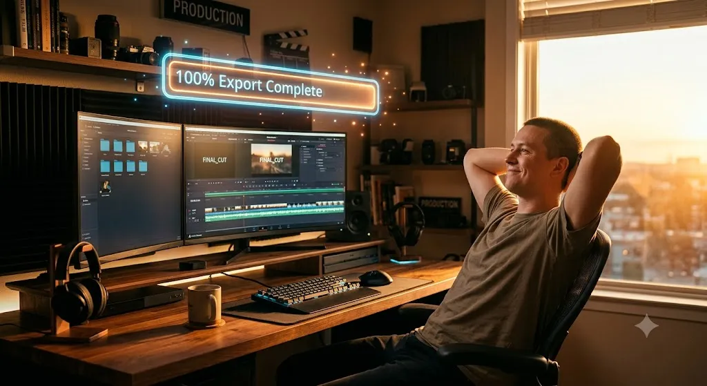 A perfectly organized video editing project folder structure on a desktop computer showing labeled subfolders