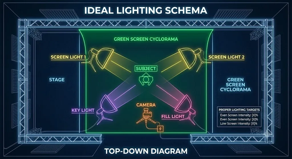 Side-by-side comparison of evenly lit versus unevenly lit green screen surfaces showing keying quality differences