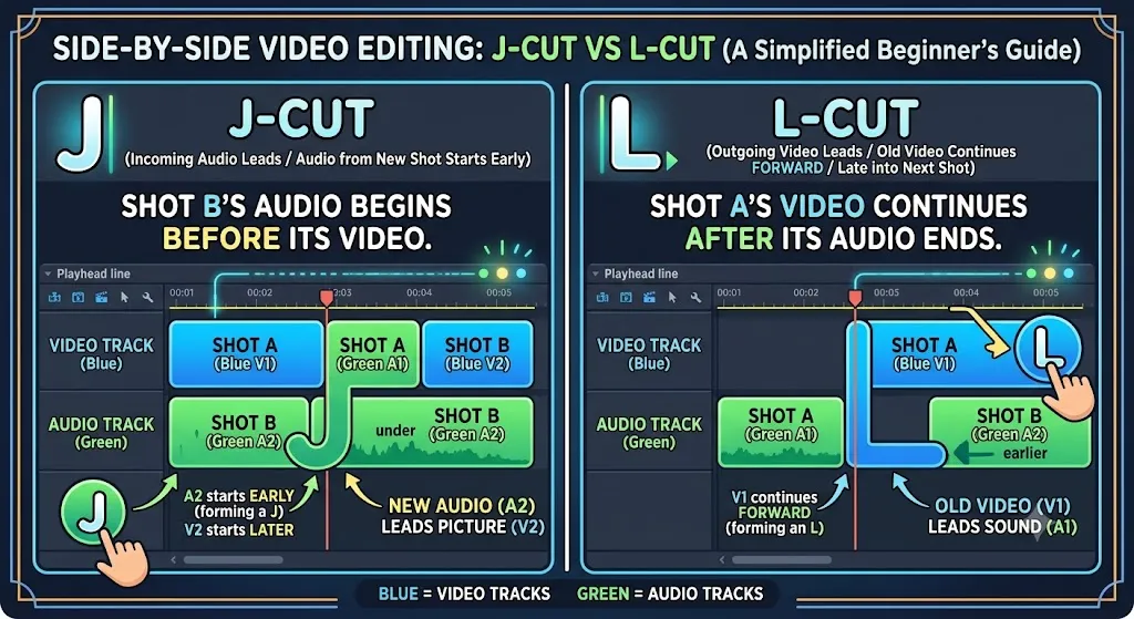 An advanced editing example demonstrating how J-Cuts and L-Cuts can be chained together for documentary-style storytelling