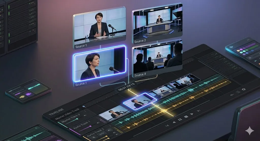A multi-camera editing timeline showing multiple camera angle cuts with numbered labels for each switch point