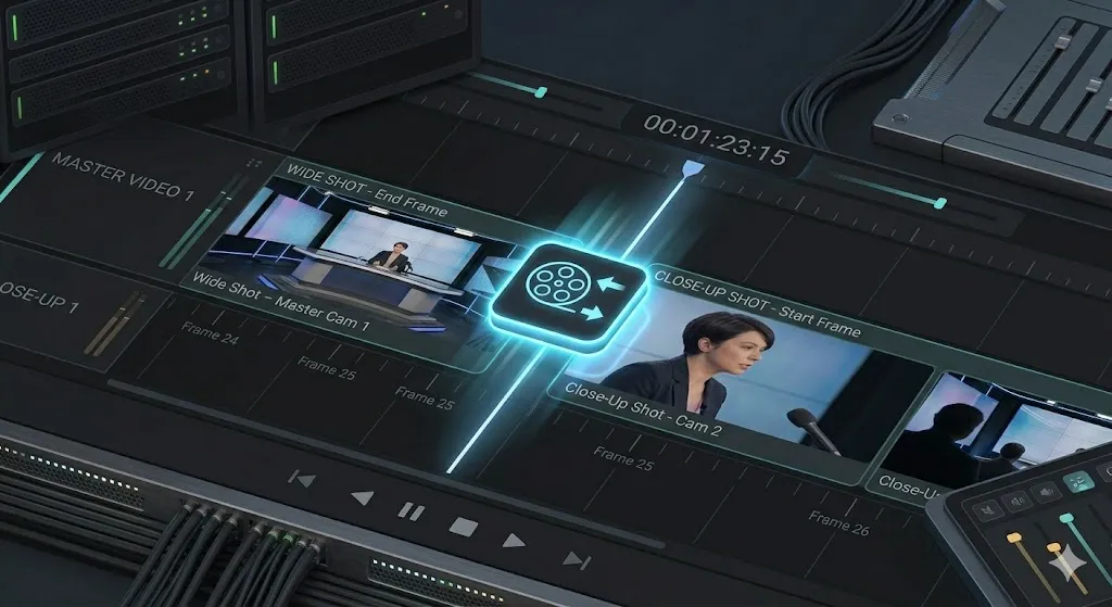 Audio waveform tracks layered in a timeline showing a single master audio track beneath multiple video camera angles