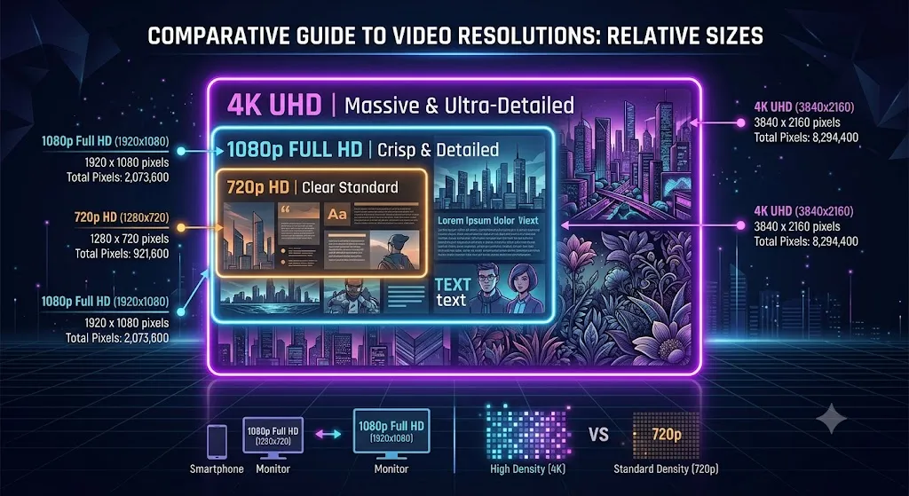 A concentric rectangle graphic comparing the relative sizes of 720p, 1080p, 4K, and 8K frames