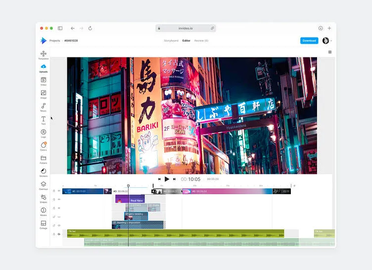 Timeline showing labeled video and audio tracks with color-coded clips