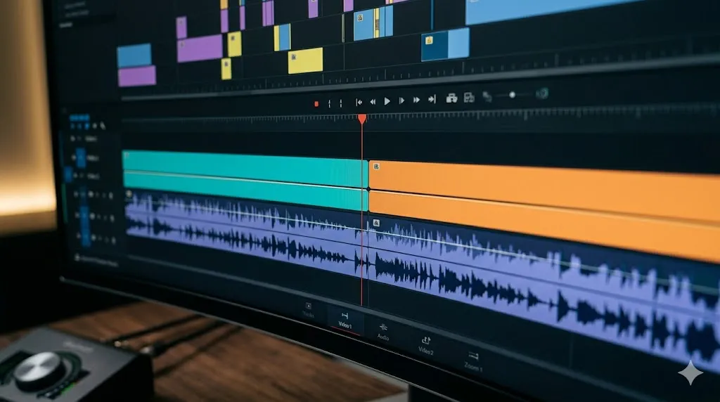 Video editing timeline showing multiple audio and video tracks with clips and transitions