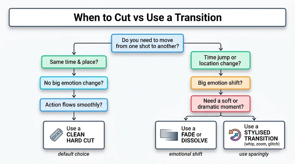 Decision flowchart showing when to use a hard cut versus a fade/dissolve or stylized transition based on time, location, and emotion changes