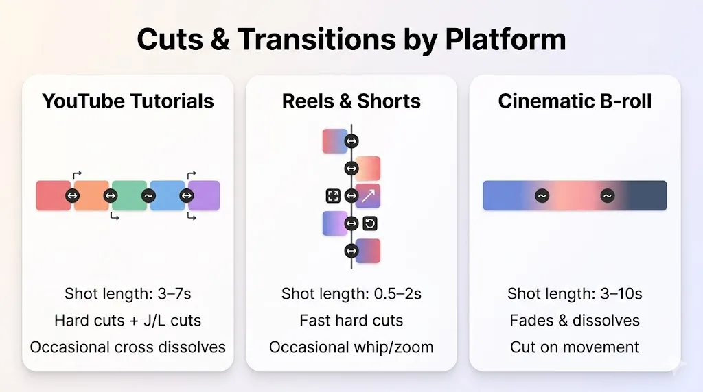 Comparison chart showing recommended cuts and transitions for YouTube Tutorials, Reels and Shorts, and Cinematic B-roll with shot length guidelines