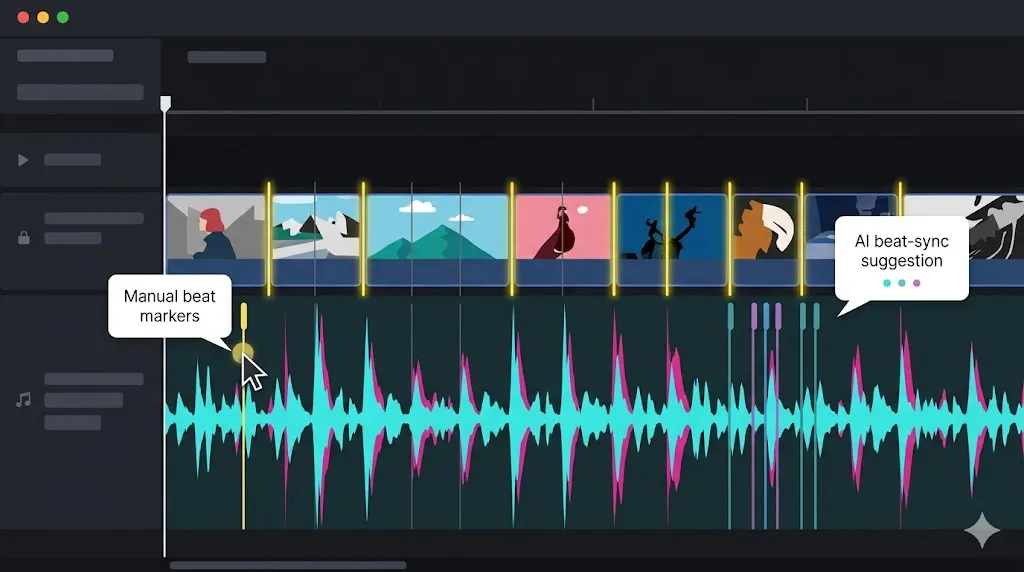 Video editing timeline showing manual beat markers on the audio waveform alongside AI beat-sync suggestions with vertical cut lines