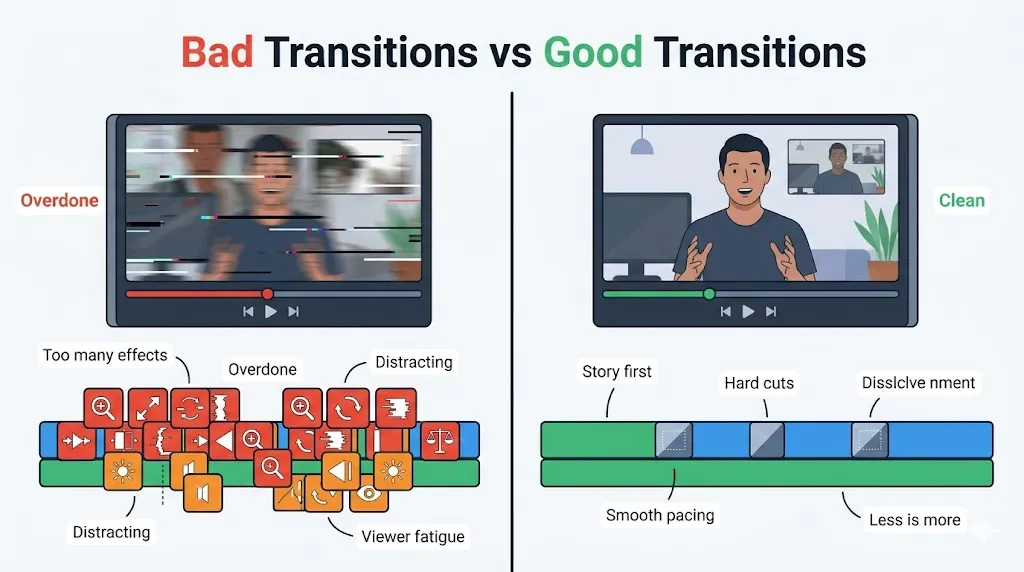 Side by side comparison showing bad transitions with too many distracting effects on the left versus clean good transitions with hard cuts and smooth pacing on the right