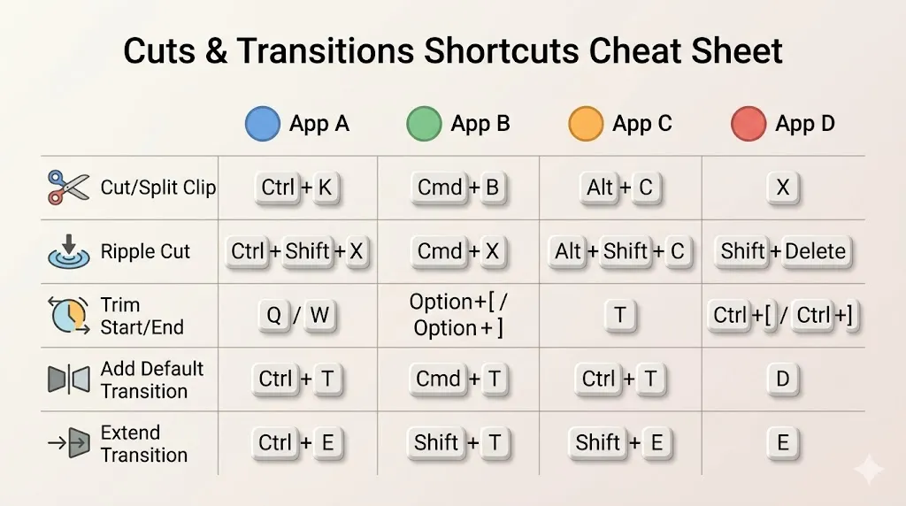 Keyboard shortcuts cheat sheet table showing cut, ripple cut, trim, add default transition, and extend transition shortcuts for Premiere Pro, DaVinci Resolve, Final Cut Pro, and CapCut