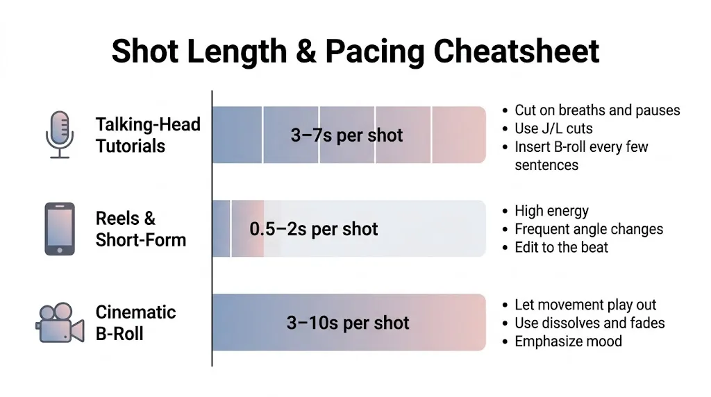 Shot length and pacing cheatsheet showing recommended shot durations for talking-head tutorials (3-7s), reels and short-form (0.5-2s), and cinematic B-roll (3-10s)