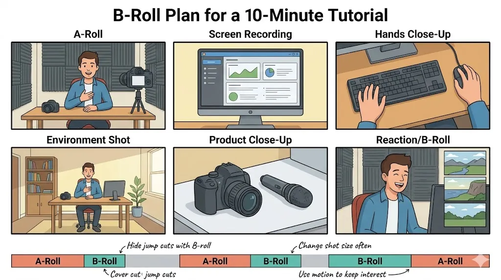 B-roll plan for a 10-minute tutorial showing six types of cutaway shots: A-roll, screen recording, hands close-up, environment shot, product close-up, and reaction B-roll with a timeline showing how to intersperse them